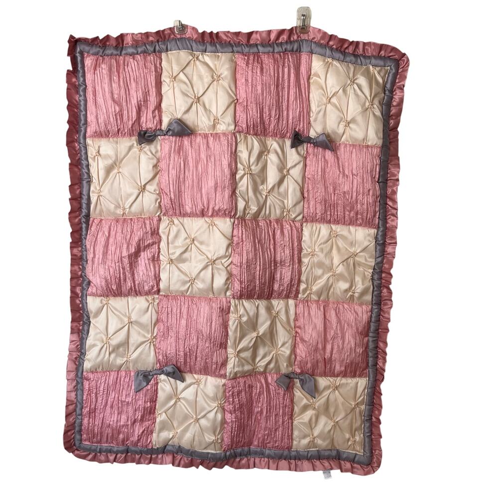 The Peanutshell Crib Comforter Bedskirt Satin Quilt Patch Pink Floral Gray Bows